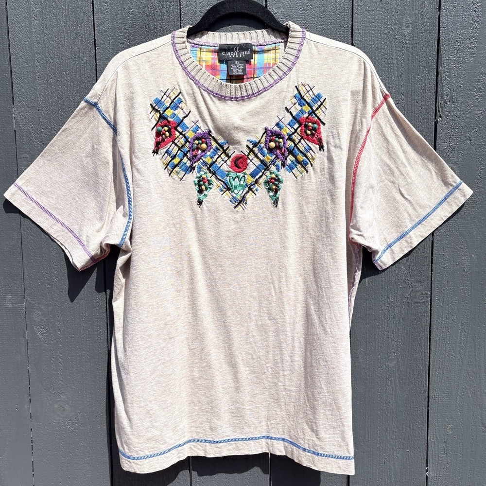 VTG Carole Little Boho Beaded Embroidered Top T Shirt Large Art 90s Abstract